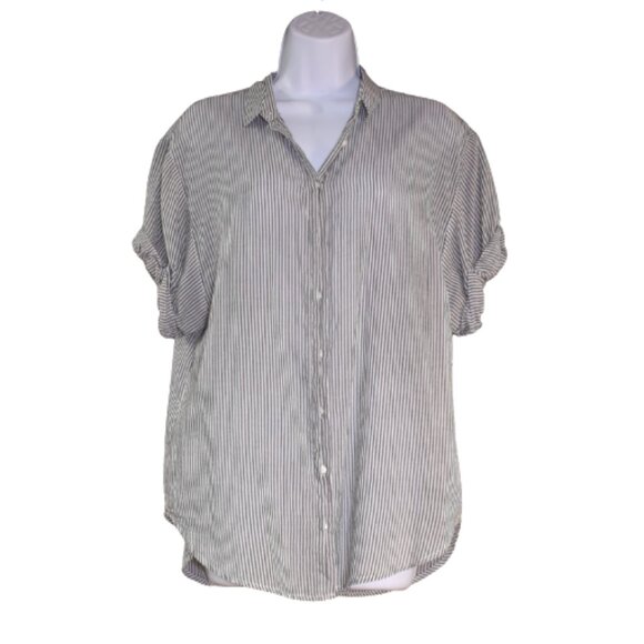 Xirena Striped Button Up Blouse XS Black White Short Sleeve Cotton - Picture 1 of 12
